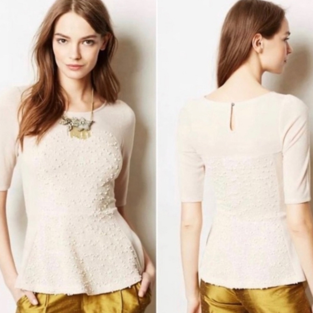 Anthropologie Deletta Boucle Shimmered Peplum Short Sleeve Sweater Size Small